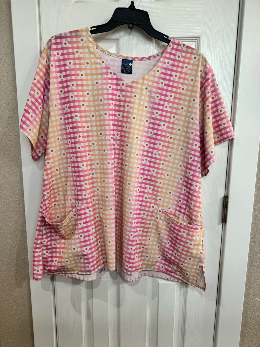 Chloe Pink, Peach & White Gingham Daisy Scrub Top